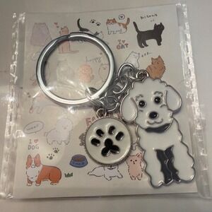 Cute White Dog poodle labradoodle Keychain with Paw Print Charm for Bags or Keys